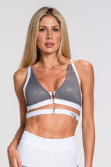 Elektra Caged Back Bra Top- White/Silver/Gray