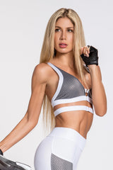 Elektra Caged Back Bra Top- White/Silver/Gray